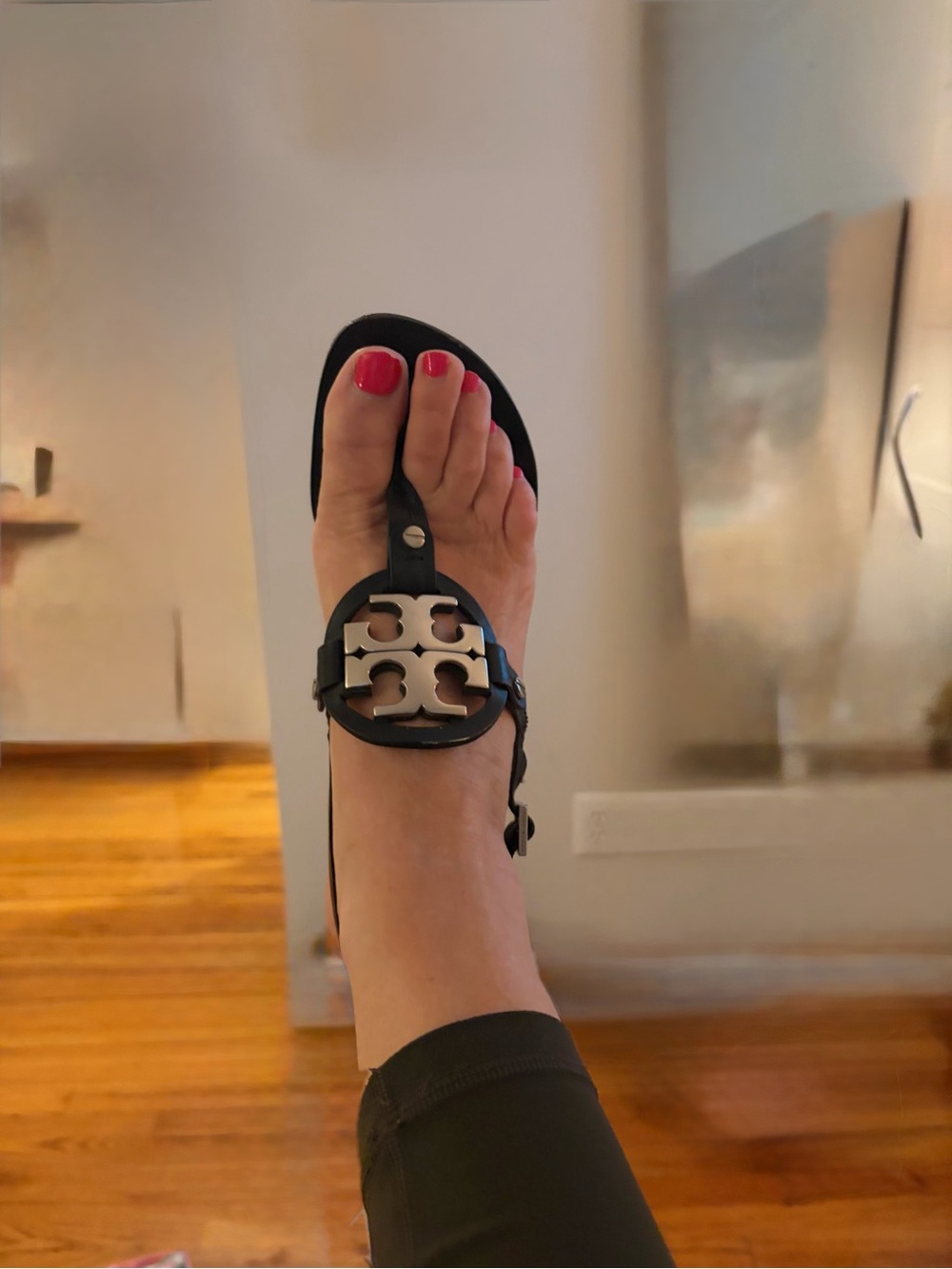 Tory Burch Black Sandal with Silver Logo Medallion